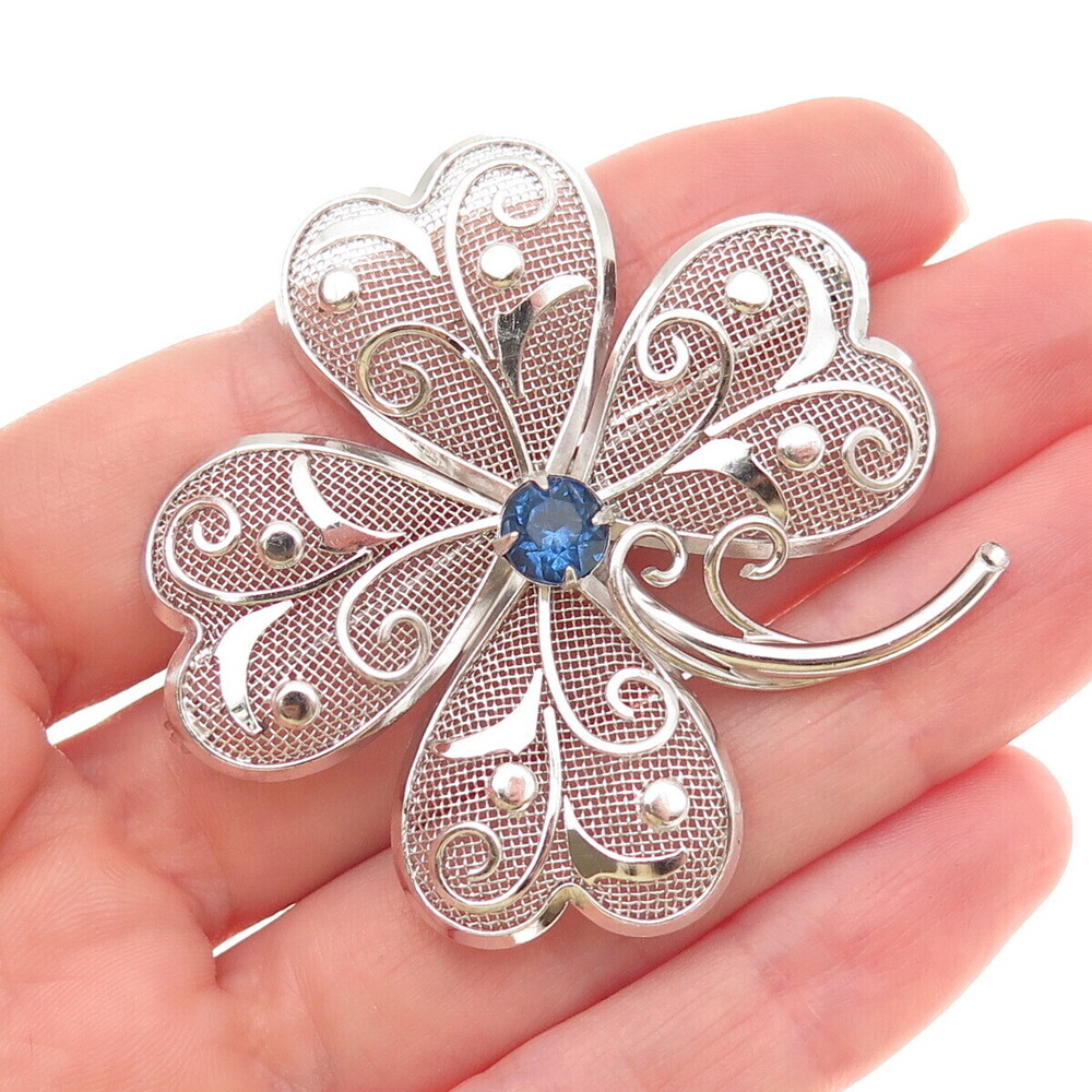 Bond Boyd 925 Sterling Silver Vintage Blue Rhinestone Clover Pin Brooch